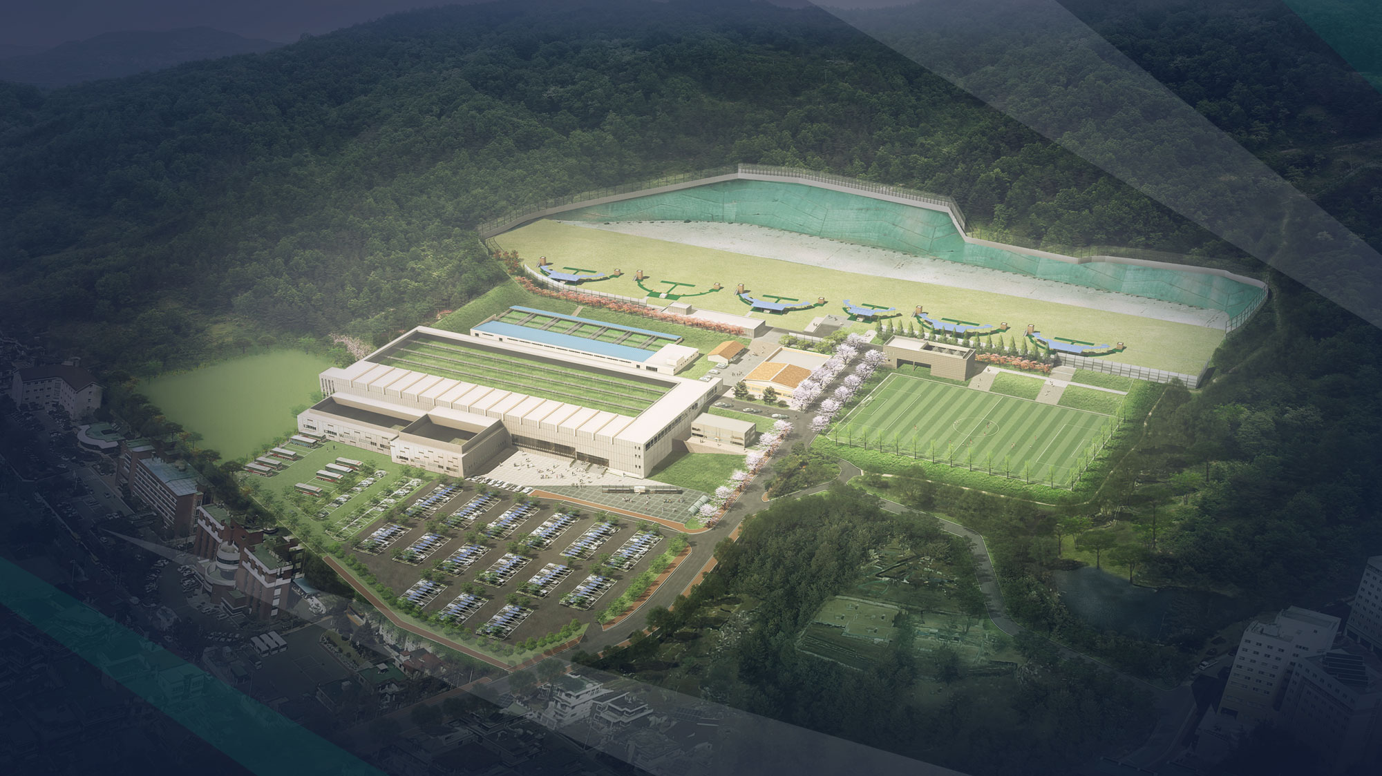 Aerial rendering of a large sports and training facility complex with buildings, fields, a parking lot and a running track